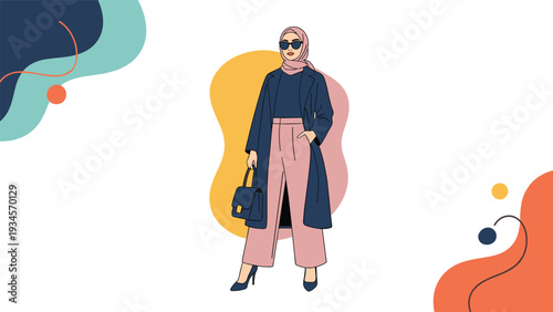 Fashionable woman wearing a long dark coat and a hijab poses confidently against a colorful abstract background.