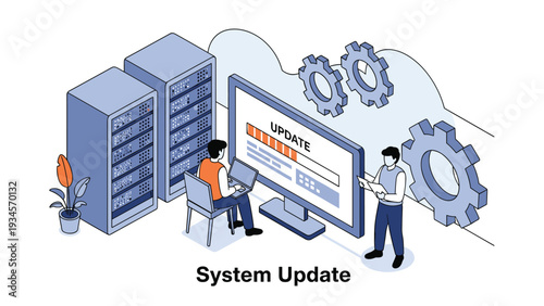 Group of IT professionals monitor a critical system update progress on a large screen in a modern server room environment.