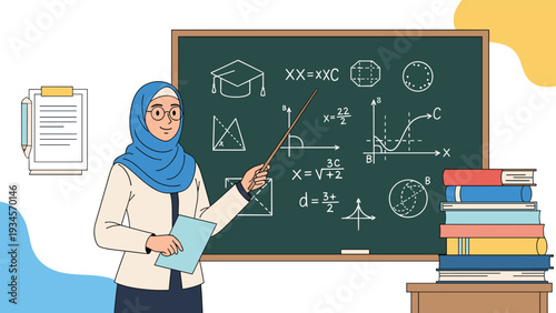 Muslim teacher wearing a hijab uses a pointer to explain complex math and science formulas on a large chalkboard.