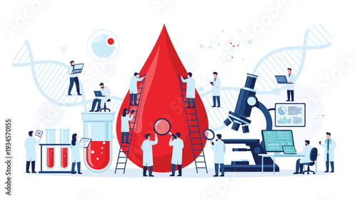 Team of medical researchers and scientists work around a massive blood drop using microscopes and digital technology.