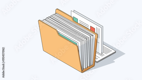 Organized manila folder is overflowing with various white and colorful documents shown in a clean isometric view.