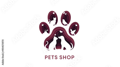 Stylized pet shop logo featuring silhouettes of a cat, dog, bird, and rabbit together inside a large paw print shape.
