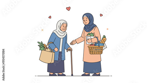 Kind young woman in a hijab helps an elderly woman by carrying heavy shopping baskets filled with fresh groceries.