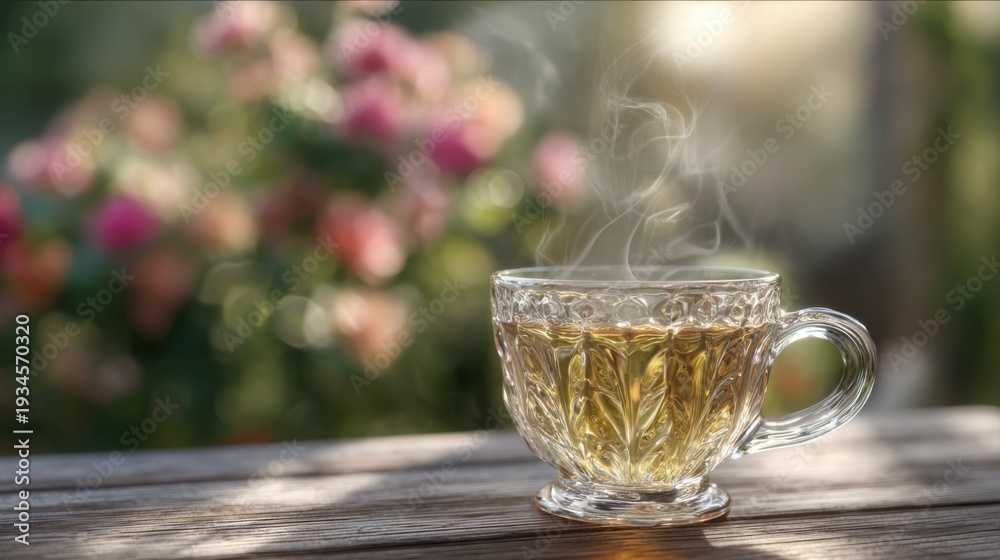 Naklejka premium hyperrealistic close up of glass teacup with steam rising on outdoor terrace table, soft spring sunlight, blooming flowers blurred in background