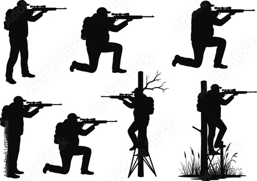 rifle silhouette, shooter aiming, hunting posture, tactical stance, military training, armed man, outdoor shooting, firearm practice, kneeling aim, standing aim