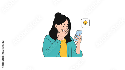 Young woman looks pleasantly surprised and happy while viewing a positive message or notification on her mobile phone.