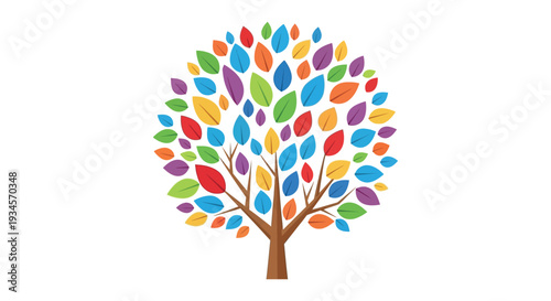 Vibrant tree with colorful leaves on white background