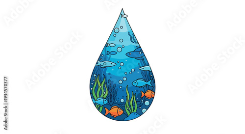 Vibrant underwater scene with fish and seaweed in a teardrop shape