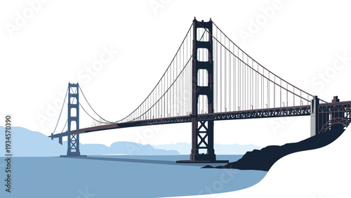 Iconic dark silhouette of the Golden Gate Bridge stands against a clear white sky and calm blue water of the bay.