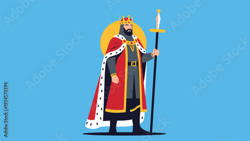Royal king standing with a crown and scepter wearing a red and white ermine cloak against a solid blue background.