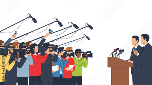 Group of reporters and photographers with cameras and microphones conducting a press conference with two men at a podium.