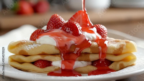 Delicious crepe with strawberries and whipped cream food photography
