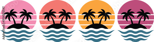 Collection of four minimalist tropical island sunset icons with palm trees and wavy water.