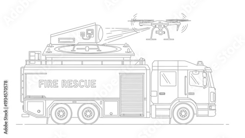 Emergency Drone Response: A detailed illustration of a fire truck equipped with advanced technology, featuring a drone and water cannon, ready to respond to emergencies.