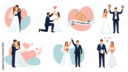 Set of wedding themed illustrations including a marriage proposal, bride and groom kissing, and celebratory moments of a couple.