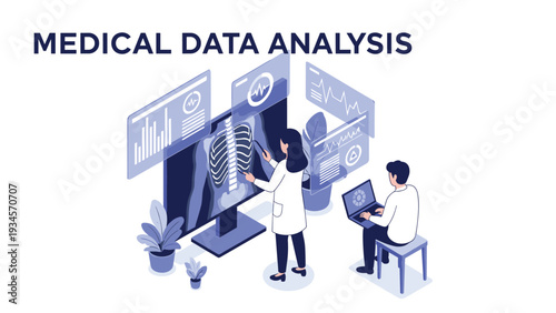 Medical data analysis concept featuring doctors examining human rib cage x-rays and health charts on large digital screens.