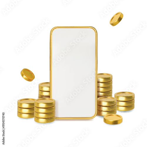 Smartphone with coins. Mobile investment concept. 3D mobile payment icon. Realistic smartphone, coin stack. Finance investment technology. Mobile shopping mobile casino