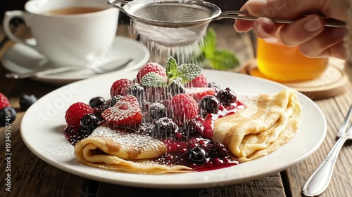 Delicious pancake with berries and powdered sugar preparation