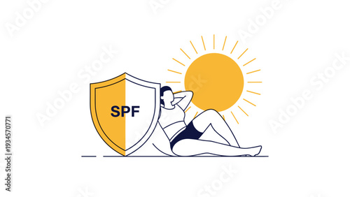 Woman relaxing in the sun protected by a shield with the text SPF representing sun protection and skin health during summer.