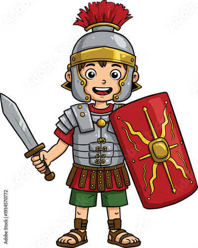 Roman soldier illustration, ancient warrior, vector art, historical character, armor, sword, shield, helmet, red plume, battle stance
