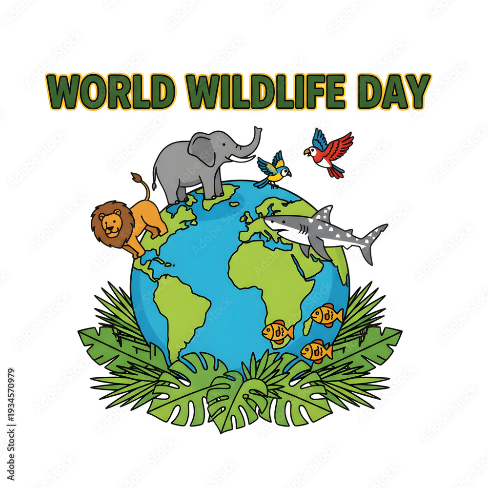 Fototapeta premium World Wildlife Day illustration with diverse animals on globe surrounded by green leaves and nature elements
