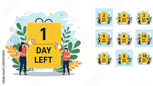 Promotional countdown timer set showing days left until an event with people using megaphones to announce the sale deadline.