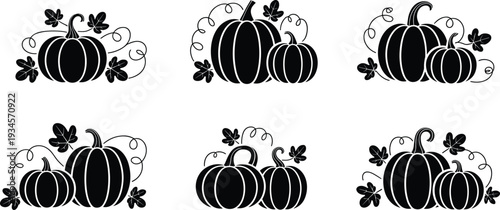 Decorative pumpkin silhouettes with leaves and vines autumn harvest illustration set black white fall seasonal design elements