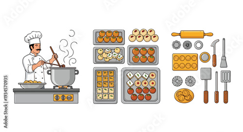 Flat illustration of a chef cooking with various baking utensils and trays of pastries on a kitchen counter against a clean white background.