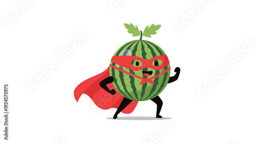 Strong superhero watermelon character wearing a red mask and cape in a powerful pose representing healthy food and fitness.