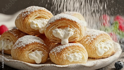 Freshly baked pastries with cream filling and berries on a plate