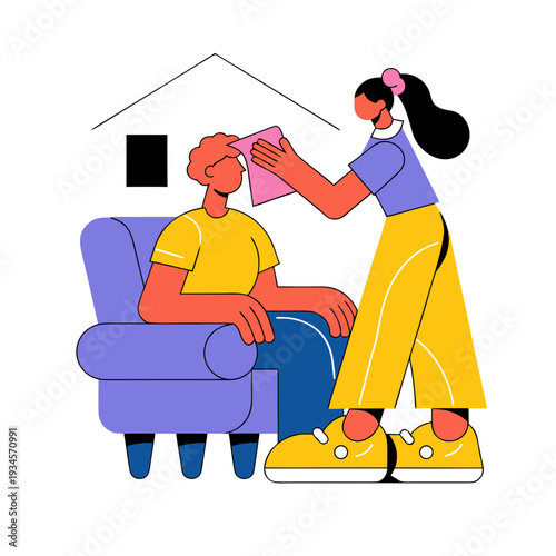A woman wipes the forehead of a seated man with a cloth