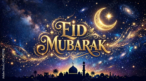 Eid Mubarak greeting card with mosque silhouette and starry night sky