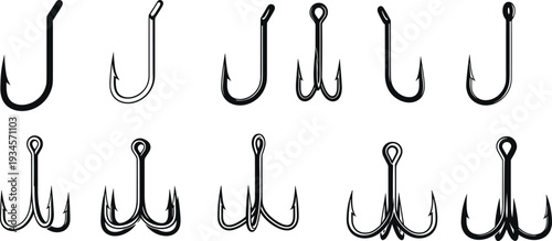 Set of fishing hooks and tackle icons including single double and triple hooks for angling fishing gear and sporting equipment