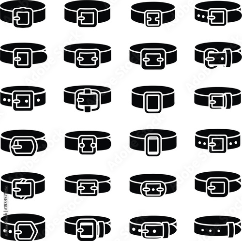 Black White Belt Icons Set, Highlighting High Contrast Buckle Styles with Prong Snap and Pin Closures