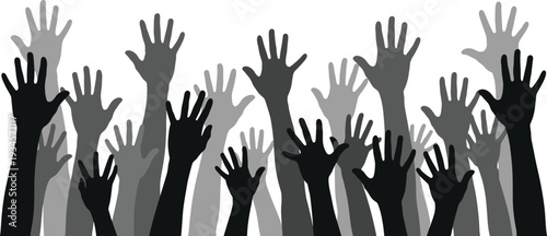 Multiple raised hands in black gray and white