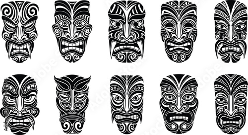 Maori tribal masks in black and white traditional