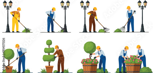 Gardener and landscaping worker vector set, people planting trees and flowers, raking leaves and pruning shrubs, gardening service illustration collection