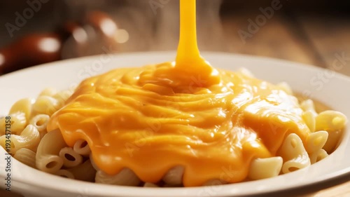 Macaroni pasta dish with pouring cheese sauce closeup food photography