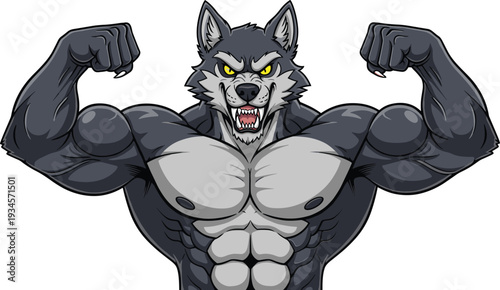 Muscular cartoon wolf flexing biceps