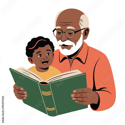 Grandfather reading book to grandchild together