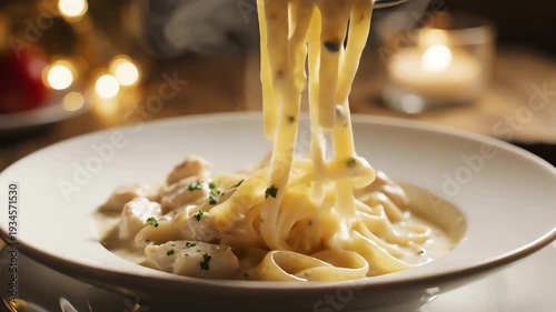 Pasta dish with cream sauce on white plate romantic food photography