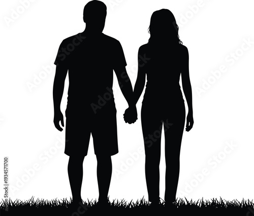 Romantic couple silhouette holding hands standing together love relationship unity companionship illustration black white vector design