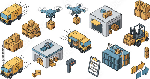 Logistics and Warehouse Isometric Icon Set with Delivery Trucks Drones Forklift Packages Barcode Scanner and Shipping Containers Vector Collection