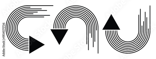 Minimalist Monochrome Vector Design Elements Showcasing Curved Concentric Lines and Triangular Directional Arrows Representing Motion, Progress, and Fluidity in Art.