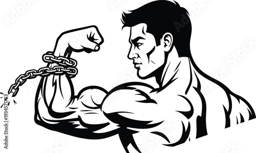Muscular man breaking free from chains breaking chains flexing bicep strength