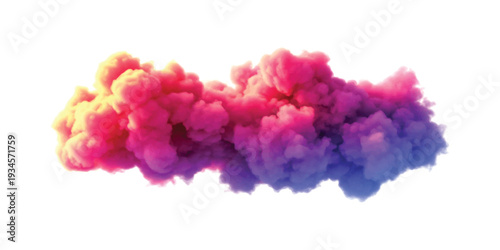 A vibrant colorful smoke cloud with a gradient from pink to blue isolated on a white background