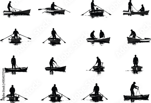 Rowing boat silhouette icons, oar and paddling action poses, water sport motion set, black vector, cad drawing flat vector illustration