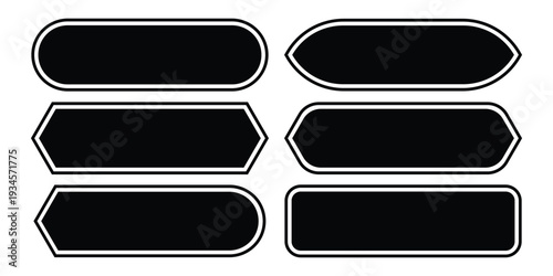 Collection of six black minimalist banner templates and button icons with white double borders for web interface and graphic design.