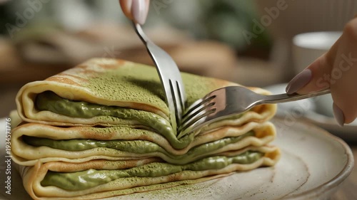 Stack of matcha crepes with matcha cream filling being dusted with matcha powder