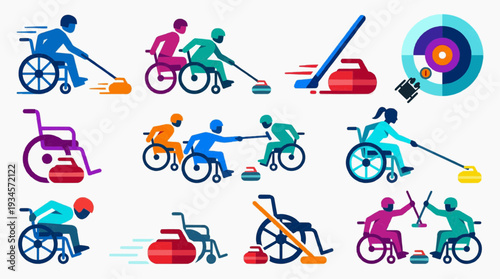 Paralympic icon set featuring wheelchair curling, para sports, and prosthetic athletes in various dynamic poses